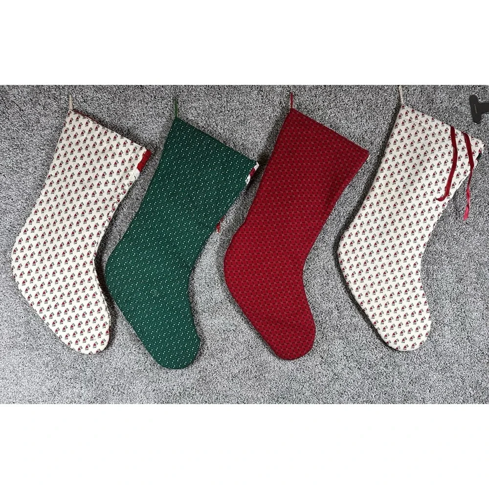 Vintage Handmade Quilted Christmas Stockings Lot of 4 Bells Lace Hearts‎
